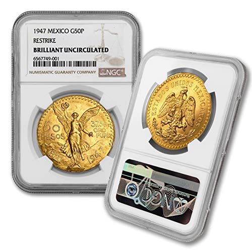 Мексиканска златна монета на 50 песос 1947 г. тегло 1,2057 унция, Брилянт, Без да се прибягва (BU) - de Moneda 37,5 Gr de Oro Puro 50 MXN NGC BU