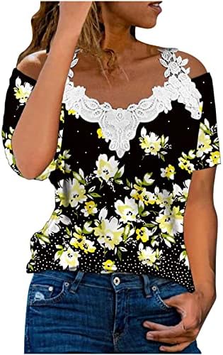 Тениска, Пуловер, Дамски Пролетно-Лятна Лейси Ежедневни тениски С V-Образно деколте и Къс Ръкав, Блуза