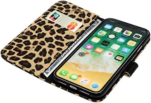Chanroy е съвместим с iPhone Xs Max (6,5 инча) Кожен калъф с леопардовой вложка, флип-надолу кутията с магнитна закопчалка, кожен портфейл-за награда-фолио, панти калъф (жълт)
