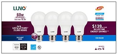 Led лампа LUNO A19 с регулируема яркост, 9,5 W (еквивалент на 60 W), На 800 Лумена, 4000 До (неутрално бяла), Средна