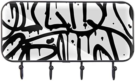 Закачалка за дрехи с надпис Графити, Черно-Бял Принт, Монтиране на стена, Входна Закачалка за дрехи с 4 Куки за дрехи,
