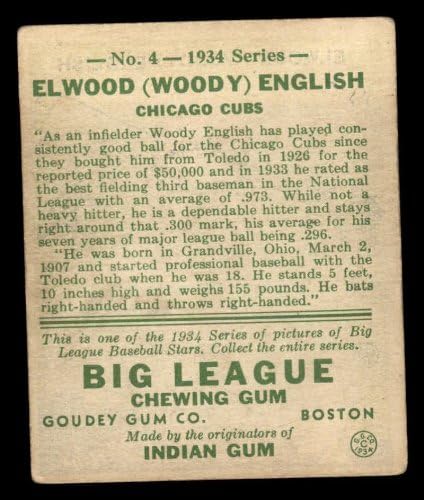 1934 Гуди 4 Элвуд Инглиш Чикаго Къбс (Бейзболна картичка) ДОБРИ къбс