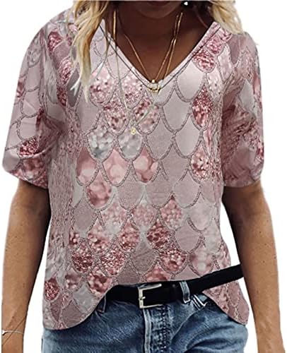 Дамски летни потници, тениски за жени е свободен, намаляване на тениска с модерен принтом, V-образно деколте, ежедневни блузи с къс ръкав, блуза