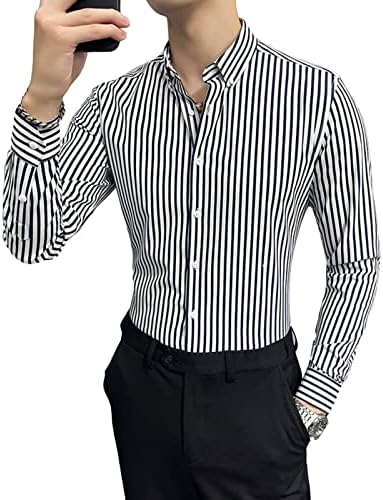 Мъжка Риза райе с дълъг ръкав Regular Fit, Бизнес Ризи с копчета, Модни и Ежедневни Риза Без Бръчки
