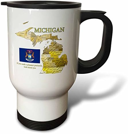 3dRose Флаг, Карта и Мотото на Мичиган с всички округами с надпис Travel Mug, 14 грама, Бял