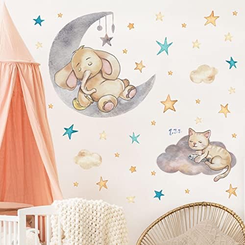 Maydahui Котка, Слон, Спящ на Луната, Стикер на Стената (27x41 Инча), Акварелни Винил със Звездна Облак, Отклеивающиеся