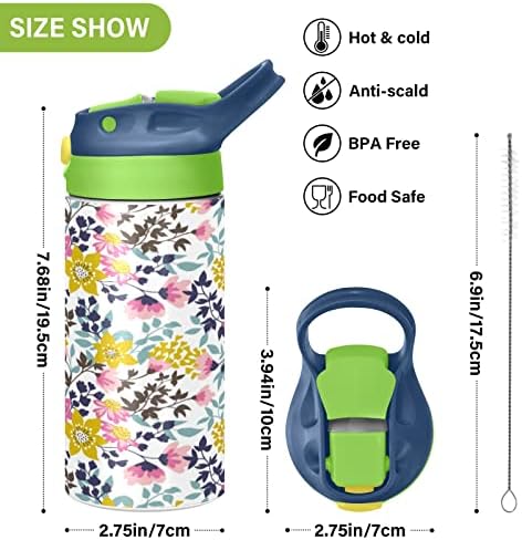 Модерна Детска Бутилка за вода с Цветя Модел, Бутилка за вода от Неръждаема Стомана с вакуумна Изолация, не съдържа BPA, със Сламен Капак, Запечатани Колба с Двойни Ст