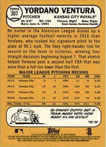 2017 Бейзболна картичка Topps Heritage #307 Йордано Вентура Канзас Сити Роялз