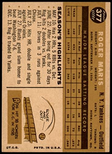 1960 Topps 377 Роджър Maris Ню Йорк Янкис (Бейзболна картичка) VG+ Янкис