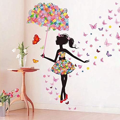 Стенно Изкуство Пеперуда Фея Цвете Момиче Чадър Стикери за Стена за Помещения Спалня и Хол Начало Декор САМ Художествени