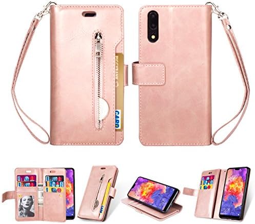 Калъф Huawei P20, една чанта-портфейл с цип [Магнитна закопчалка] и 9 отделения за карти, една чанта-портфейл със стойка