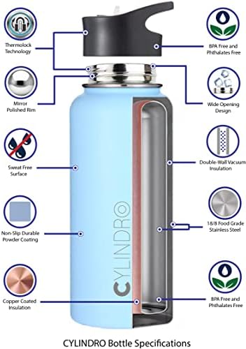 Бутилка за вода Cylindro, Трехслойная от неръждаема стомана, с 3 Капаци, Вакуумни, с двойни стени и медни облицовки,