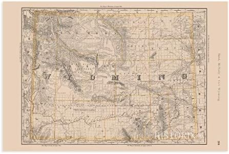 Исторически Ретро Плакат с карта на щата Уайоминг 1891 г. - Стенен арт декор с размер 24x36 инча, Реколта карта на щата